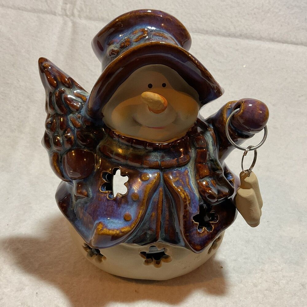 Ceramic Snowman Tea Light Iridescent Blue Jacket Holding Skates